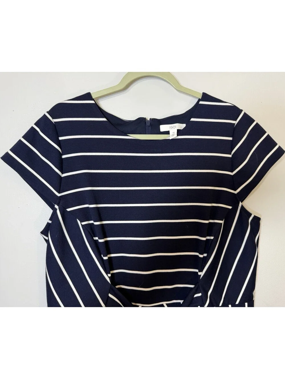 1901 Nordstrom Navy White Stripe Tie Waist Fit Flare A-Line Dress Cap Sleeve 18